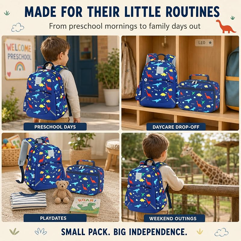 Camtop 12-Inch Toddler Backpack for Boys - Navy Dinosaur Lunch Bag Set
