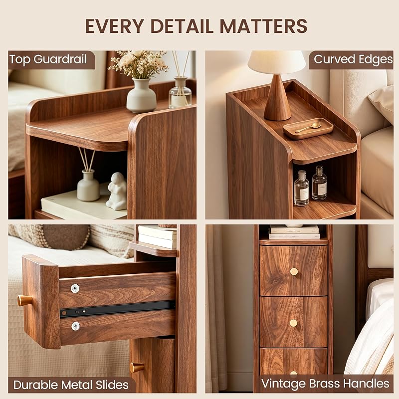 Walnut 3-Drawer Tall Nightstand - 27.56"H Narrow Bedside Storage, 7.87"W, 15.75"D