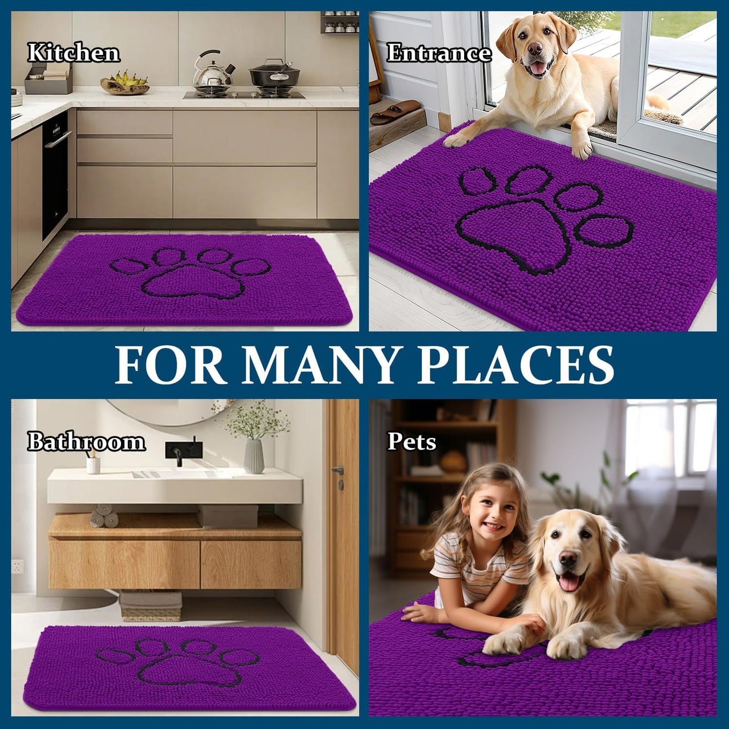 OLANLY Dog Door Mat - Absorbent Non-Slip Mud Mat for Paws | 48x30 Inches, Quick Dry Chenille, Purple