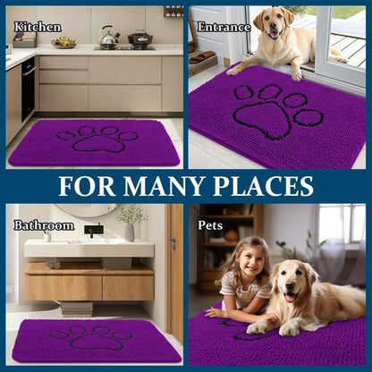 OLANLY Dog Door Mat for Muddy Paws 36x24, Paw Print Design, Absorbs Moisture and Dirt, Absorbent Non-Slip Washable Doormat, Quick Dry Chenille Mud Mat for Dogs, Entry Indoor Entryway Carpet, Purple