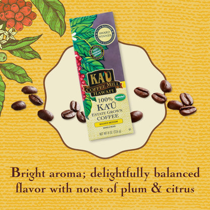 Ka'u Coffee Mill Washed Medium Roast Whole Bean Coffee - Bright Aroma - Plum & Citrus Notes - Handpicked & Washed Processed Hawaii Grown Arabica Beans - Gourmet Premium Small Batch Coffee - 8oz