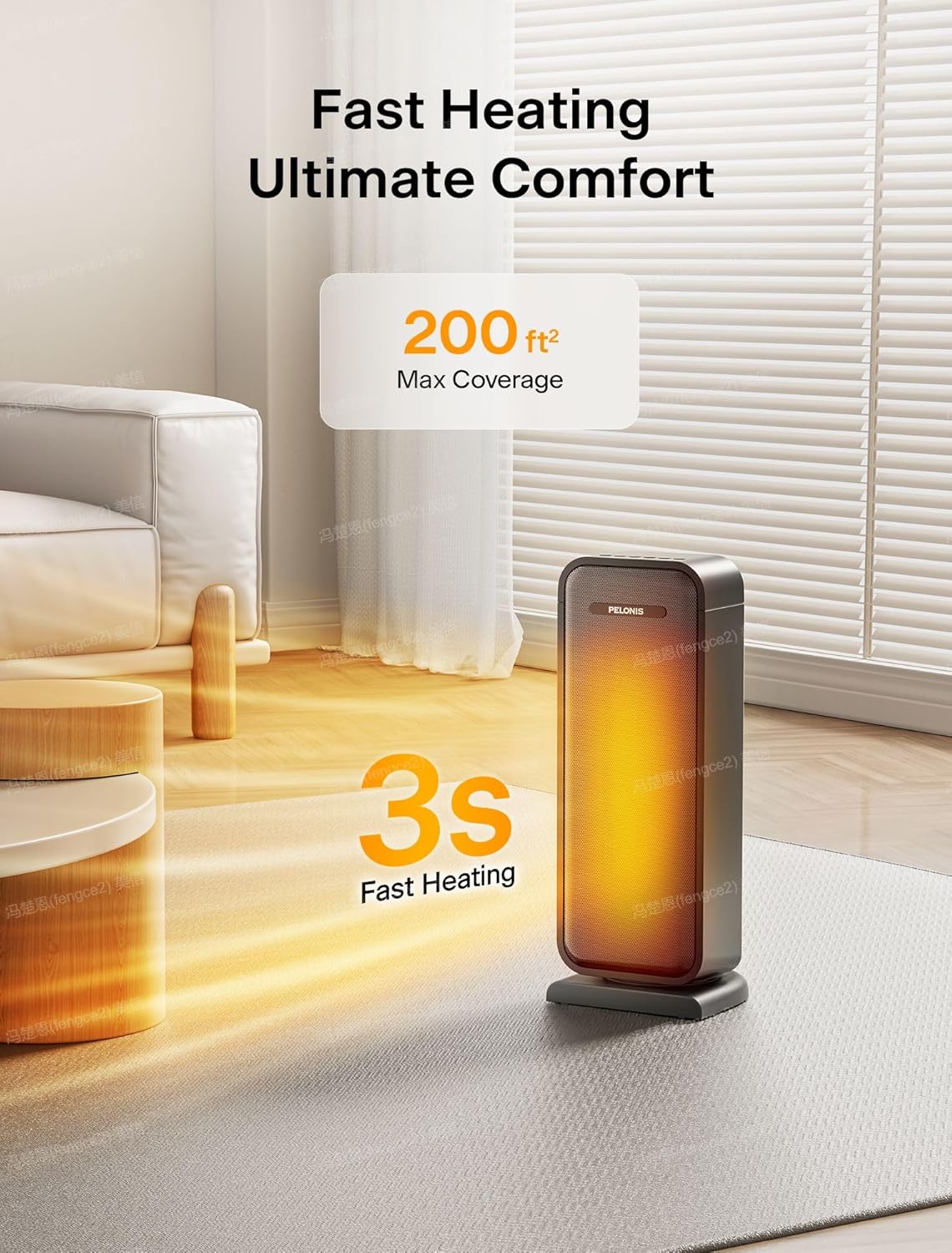 Pelonis 1500W Electric Space Heater - Portable Ceramic Heater with Thermostat & Remote | Ideal for Bedroom & Office