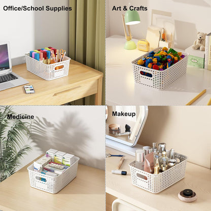 White Plastic Storage Baskets - 12 Pack Stackable Bins with Lids for Organizing | Cute Decorative Containers