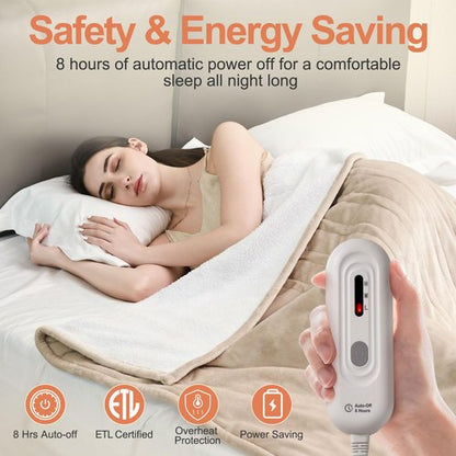 FluffyWarmth Electric Heated Blanket Full Size,72"X84" Electric Blanket Throw with 3 Heating Settings,8 Hours Auto Shut Off, Soft Flannel and Sherpa for Bed Use, Beige