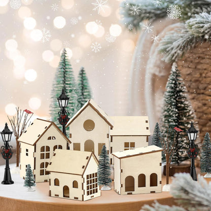 Pinkunn 19-Piece DIY Christmas Village Set - Mini Wooden Houses for Winter Decor | Perfect for Tabletop Display