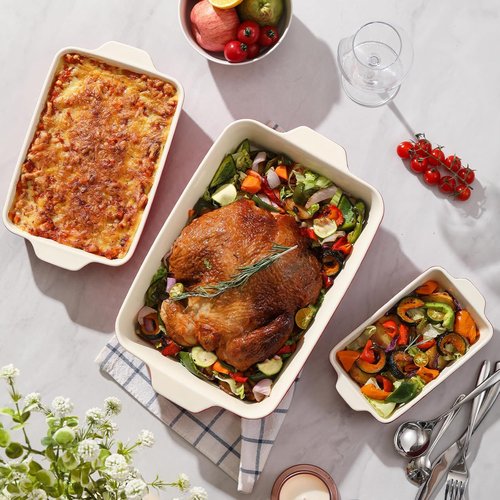 DOWAN Casserole Dishes - Set of 3 Rectangular Ceramic Baking Dishes, 135 oz Capacity, Red | Perfect for Oven Use