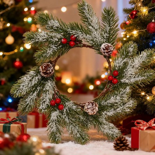 Frosted Pine Garland Candle Rings by 2 Pcs | Mini Artificial Wreaths with Red Berries & Pinecones - 11 Inch Xmas Decor