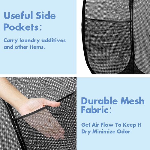 DUCOO Pop Up Laundry Hamper - 70L Collapsible Mesh Basket with Side Pocket | Foldable Black Storage Solution for Home & Travel
