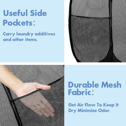 DUCOO Pop Up Laundry Hamper - 70L Collapsible Mesh Basket with Side Pocket | Foldable Black Storage Solution for Home & Travel