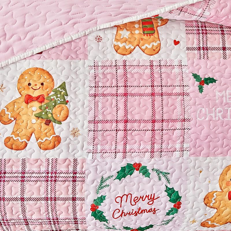 Queen Christmas Quilt Set Pink Plaid Patchwork with Gingerbread Man & Trees - Reversible Gingham Design, 100% Microfiber