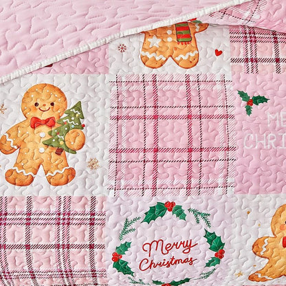 Queen Christmas Quilt Set Pink Plaid Patchwork with Gingerbread Man & Trees - Reversible Gingham Design, 100% Microfiber