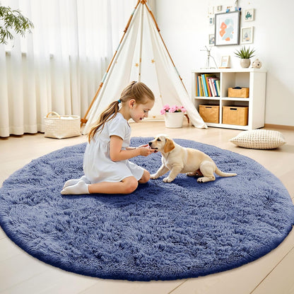 OLANLY Denim Blue Round Rug - Soft, Fluffy Shaggy Carpet | 5 ft Machine Washable Area Rug for Bedroom & Living Room