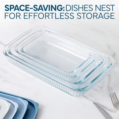 Cook With Color 8-Piece Deep Glass Baking Dish Set - Versatile Casserole & Food Storage Containers | Fluted Blue, Freezer-to-Oven Safe