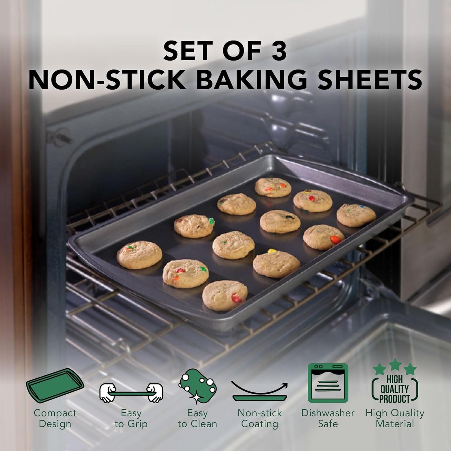 Nifty Cookie & Baking Sheets Set - Non-Stick Steel, Dishwasher & Oven Safe, Includes 3 Sizes