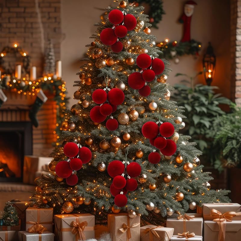4 Sets Large Red Velvet Christmas Ball Clusters Ornaments Decor
