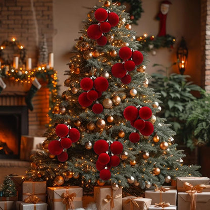 4 Sets Large Red Velvet Christmas Ball Clusters Ornaments Decor