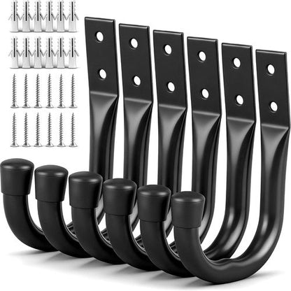 Heavy Duty Garage Storage Hooks - 6-Piece Bike Wall Mount J Hooks | Large Metal Utility Organizer