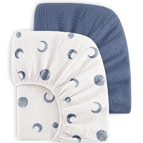Bearmoss Muslin Crib Sheets 100% Cotton Baby Crib Sheets Soft&Breathable Nursery Sheet 52"x28" for Standard Crib Mattress&Toddler Bed Mattress - 2 Pack (Blue Crescent)