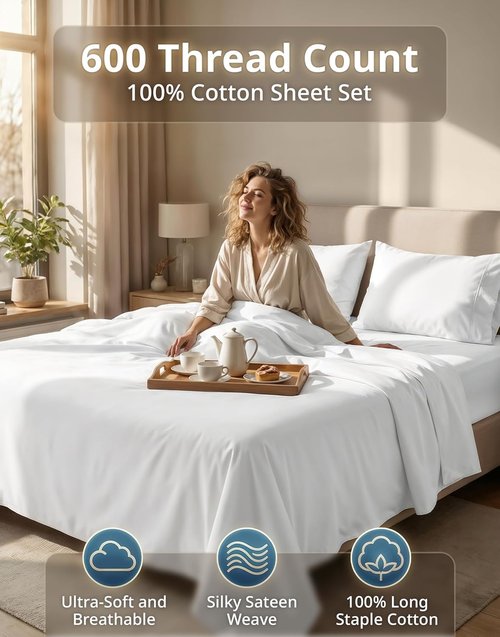 **LANE LINEN King Size Sheet Set - 600 Thread Count 100% Cotton, Naturally Cool & Durable - White**