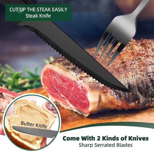 CEKEE 72-Piece Stainless Steel Flatware Set - Elegant Black & Silver Cutlery for 12 with Steak Knives