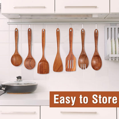 Mooues 9-Piece Natural Teak Wooden Kitchen Utensil Set - Comfort Grip Cooking Tools with Spoon Rest