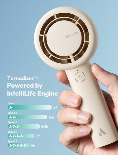 Aecooly Portable Handheld Turbo Fan - 5-Speed USB Rechargeable Mini Cooling Fan | 24H Max Cooling Time - Beige