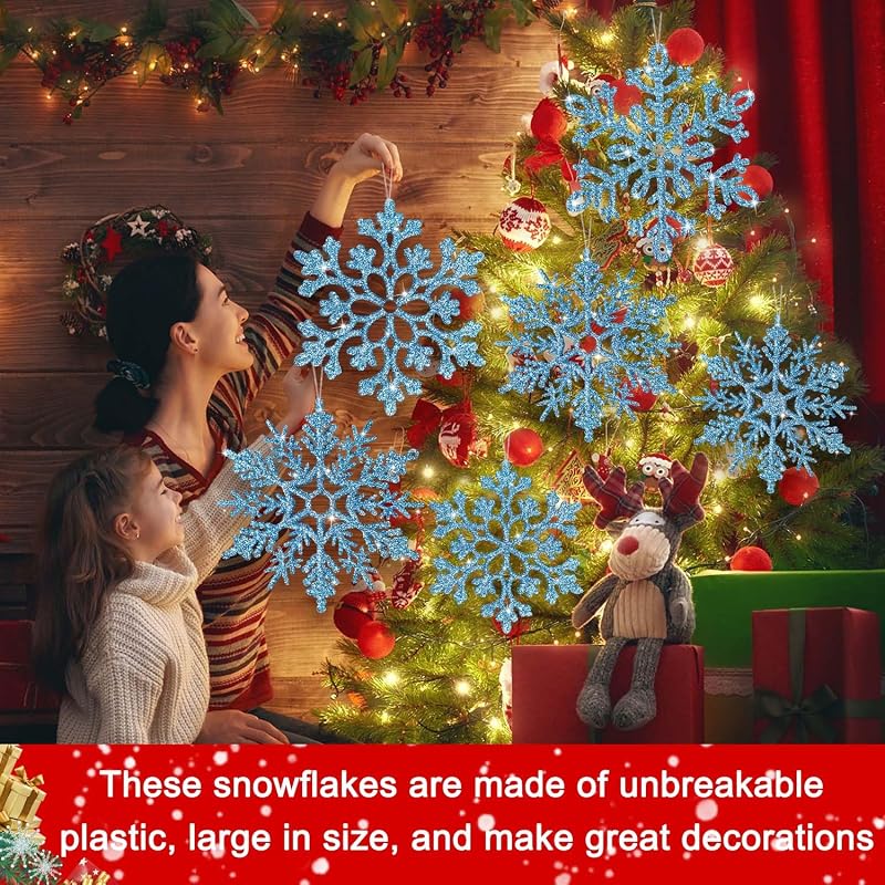 8pcs Large Snowflake Ornaments – Blue, Plastic Glitter Hanging Snowflakes for Christmas Tree & Winter Decor (Variation: 8pcs, Blue)