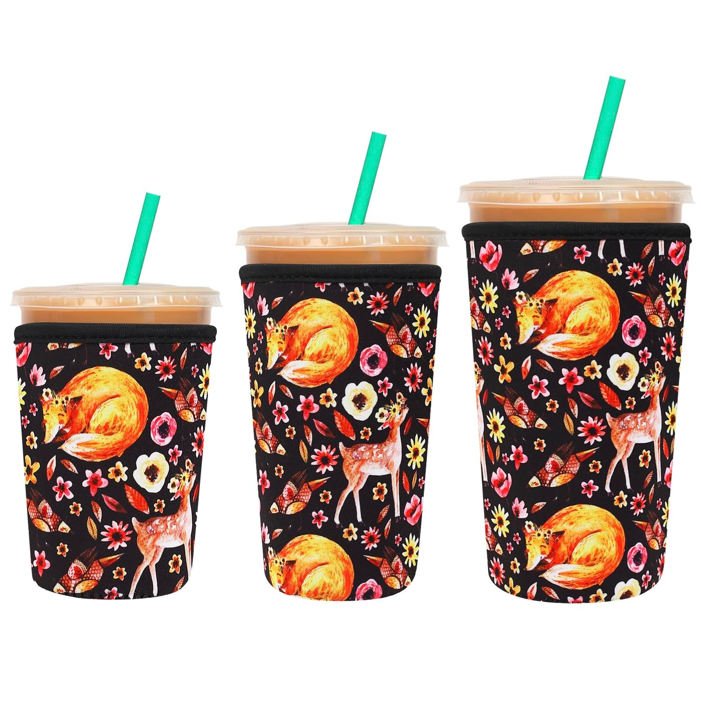 3 Pack Reusable Sleeve for Iced Coffee Cup, Coffee Neoprene Sleeve for Iced&Hot Drinks, Coffee Sleeve Compatible with Starbucks, Dunkin Coffee.(Secret Fox)