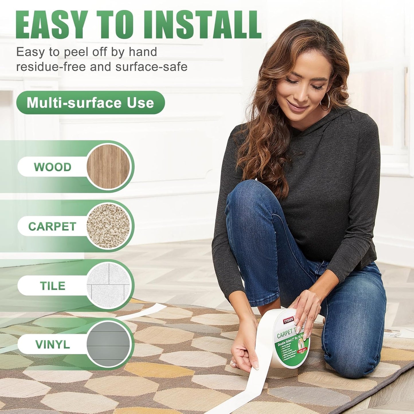 YYXLIFE Double-Sided Rug Tape | Strong Adhesive for Hardwood Floors - Non-Slip, No Residue, 2" x 10 Yards, White