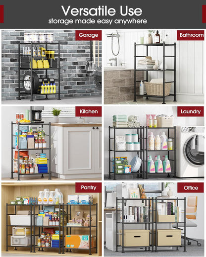 Sakugi Storage Shelves - Sturdy 3-Tier Metal Organizer with Adjustable Feet | Space-Saving for Pantry, Laundry & Kitchen (18" x 12" x 30", Black)