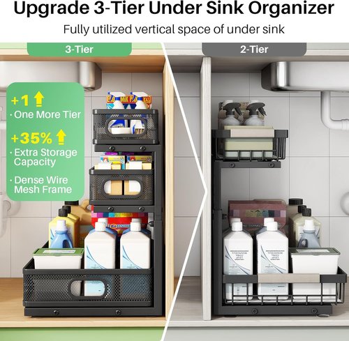 Kitstorack Under Sink Organizer - 2-Pack Adjustable Metal Cabinet Shelf | Slide-Out Storage for Bathroom & Kitchen