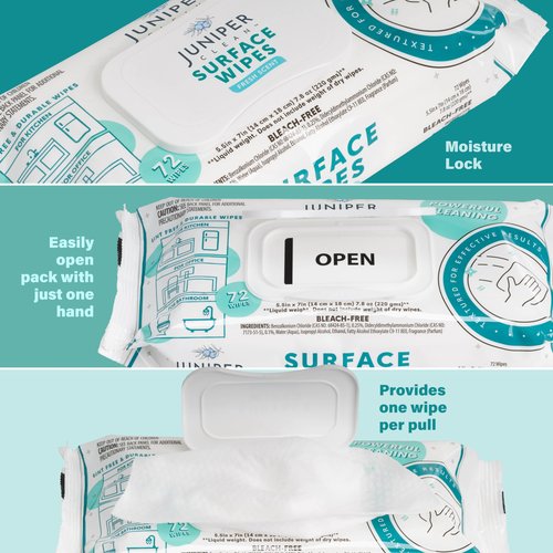 Juniper CLEAN 24 Pack Surface Cleaning Wipes Bleach Free, All-Purpose Cleaner for Bathroom, Kitchen, Office, 1728 Count Soft Flow, Fresh Scent, Bleach Free, Lint Free, Durable