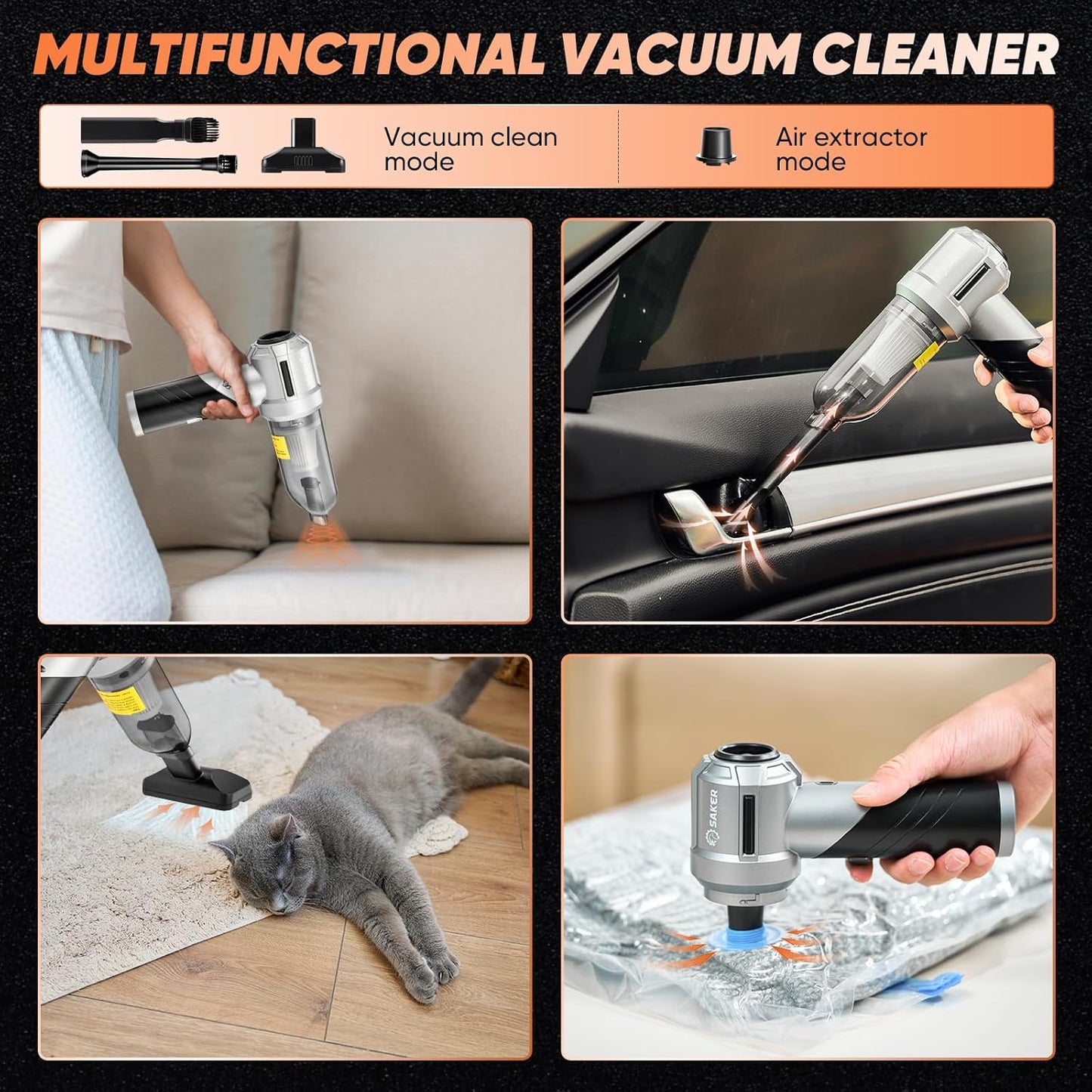 Saker Cordless Handheld Vacuum - 17000PA Powerful Mini Cleaner for Home, Office & Pet Hair | Foldable Design