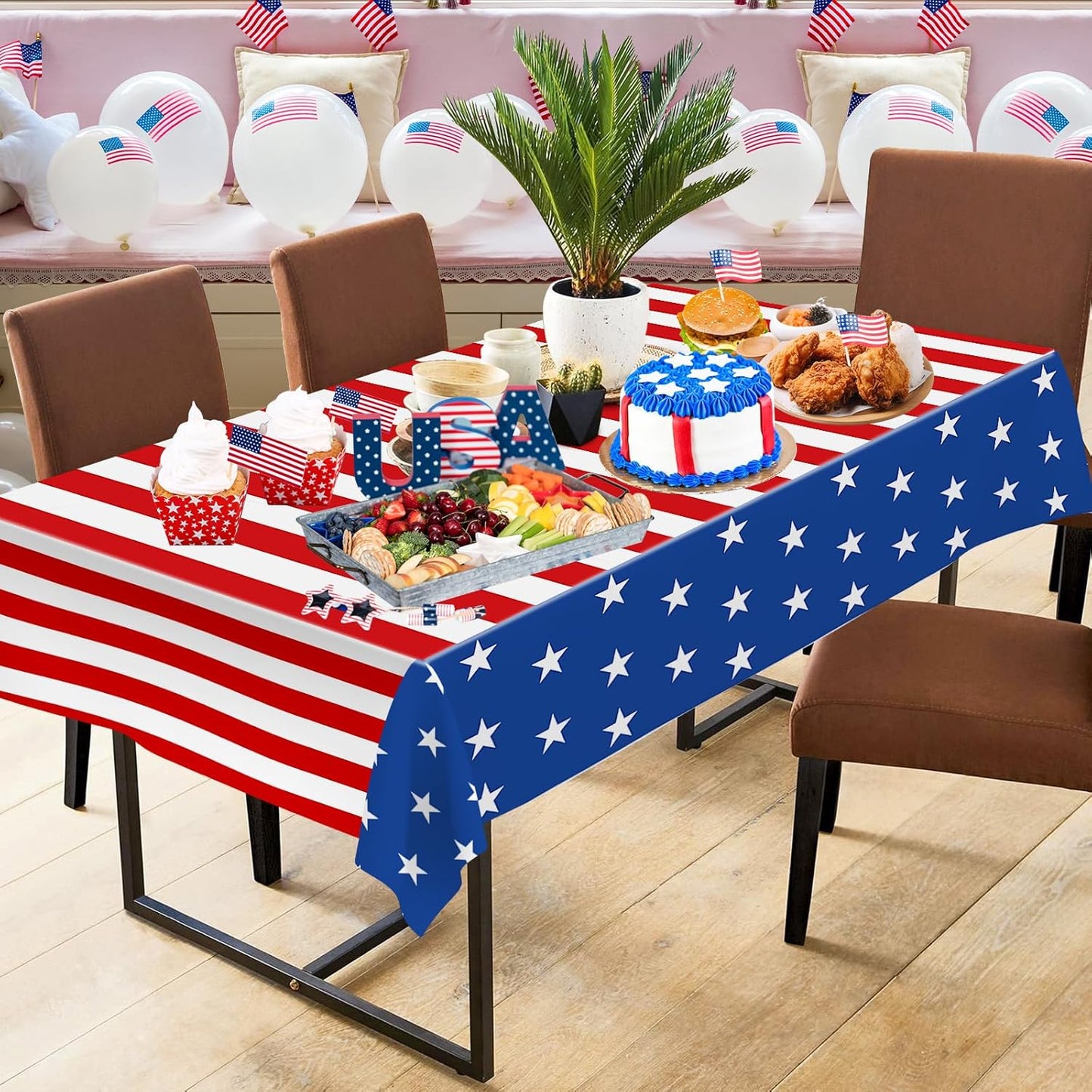 Patriotic 4th of July Tablecloth by [Brand Name] - Disposable Rectangle USA Flag Design, 54" x 108"