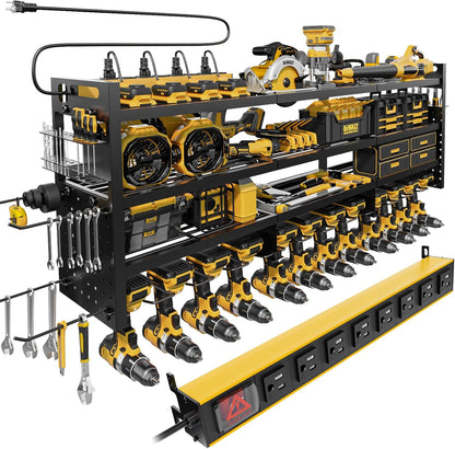 Power Tool Organizer Wall Mount - 8-Outlet Charging Station & Heavy Duty Metal Shelf for Garage Storage