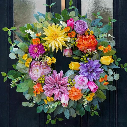 Luxury Floral Wreath by [Brand Name] - 24 Inch Colorful Spring & Summer Design with Chrysanthemums, Roses, Tulips & Berries for Outdoor Home Decor