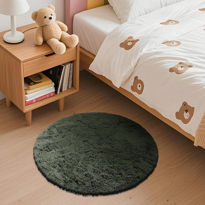 OLANLY Olive Green Round Rug - Soft & Fluffy Machine Washable 2 ft Circle Area Rug for Bedroom & Living Room