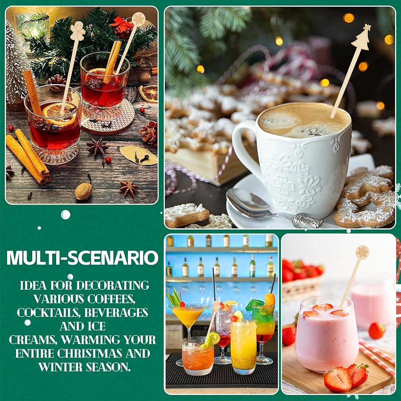 Christmas Bamboo Coffee Stir Sticks 50pc Pack - 7in Stirrers with Santa/Tree Designs (Variation: Christmas+50PCS)