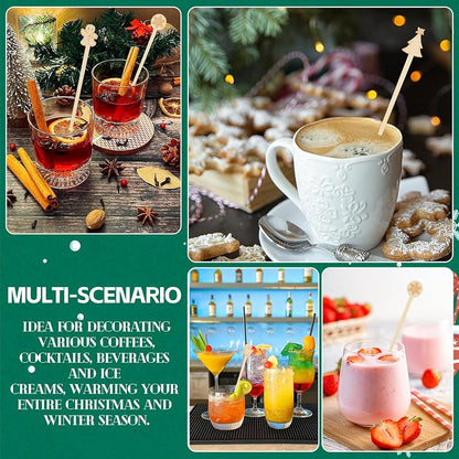 Christmas Bamboo Coffee Stir Sticks 50pc Pack - 7in Stirrers with Santa/Tree Designs (Variation: Christmas+50PCS)
