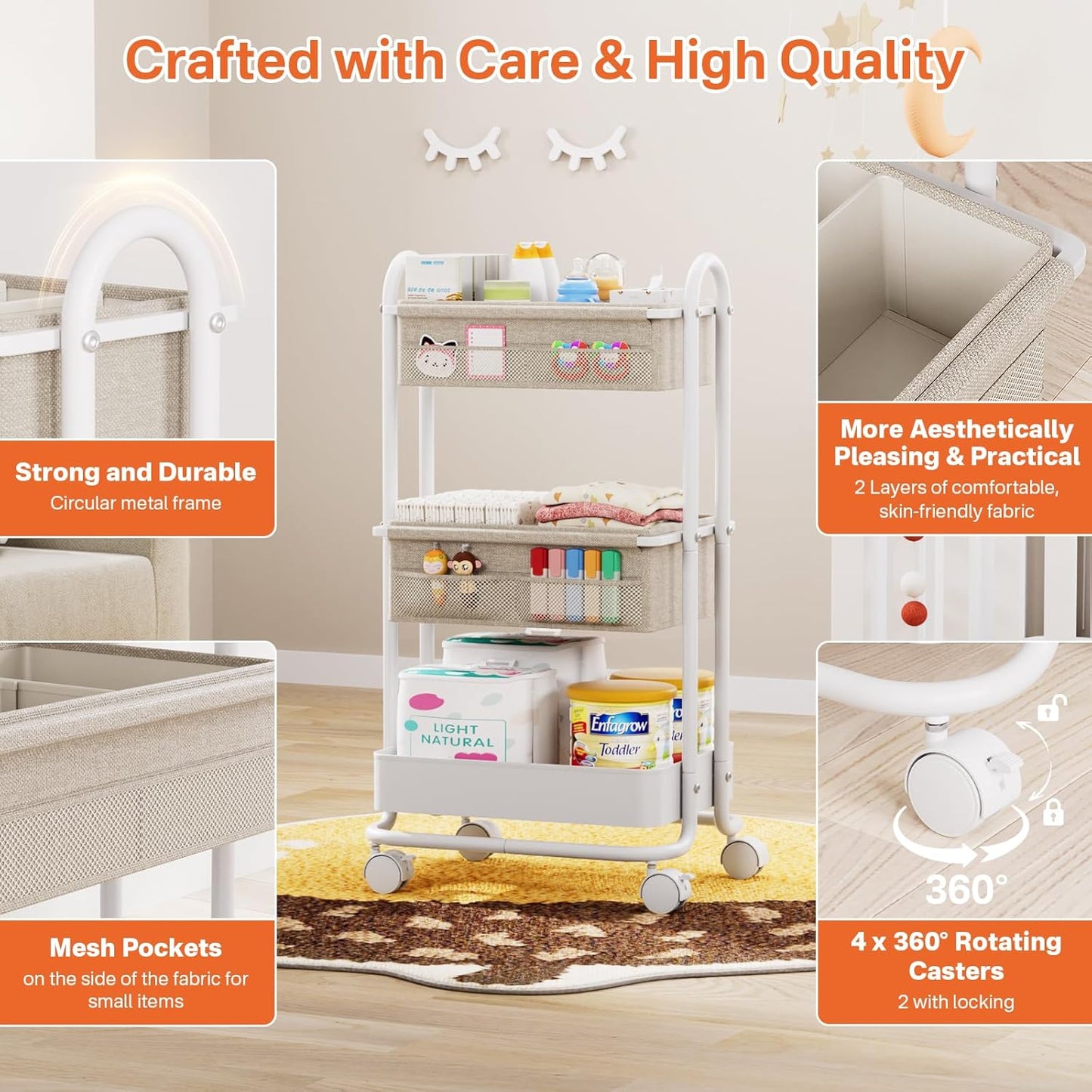 Modanais Baby Diaper Caddy Organizer Cart - 3-Tier Rolling Storage with Detachable Dividers | Off White