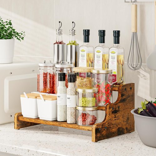 KLM 3-Tier Spice Rack - 13.8 Inch Wood Step Shelf for Kitchen Pantry & Bathroom Organization
