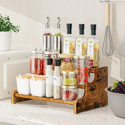 KLM 3-Tier Spice Rack - 13.8 Inch Wood Step Shelf for Kitchen Pantry & Bathroom Organization