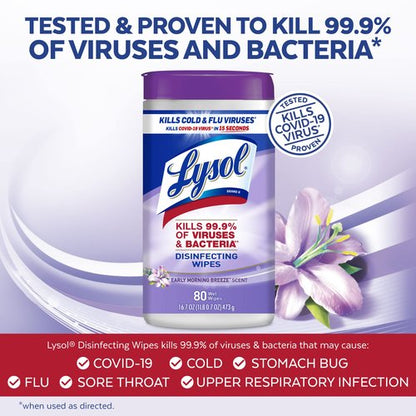 Lysol Disinfectant Wipes, Multi-Surface Antibacterial Cleaning Wipes, Dorm Room Essentials for Disinfecting and Cleaning, Early Morning Breeze, 80 Count (Pack of 6)