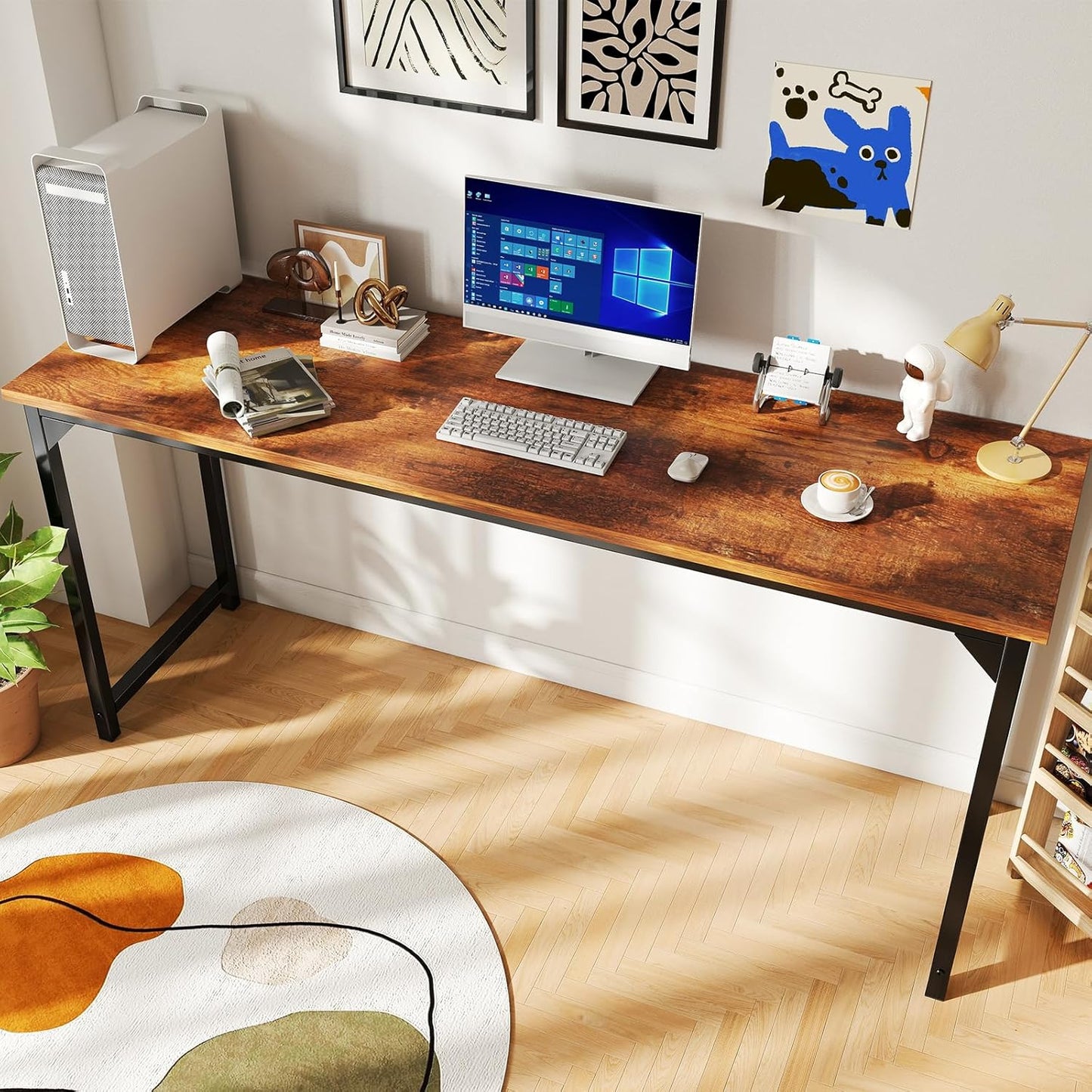 DUMOS 63-Inch Computer Desk - Modern Writing & Gaming Workstation with Metal Frame | Wood Brown Finish