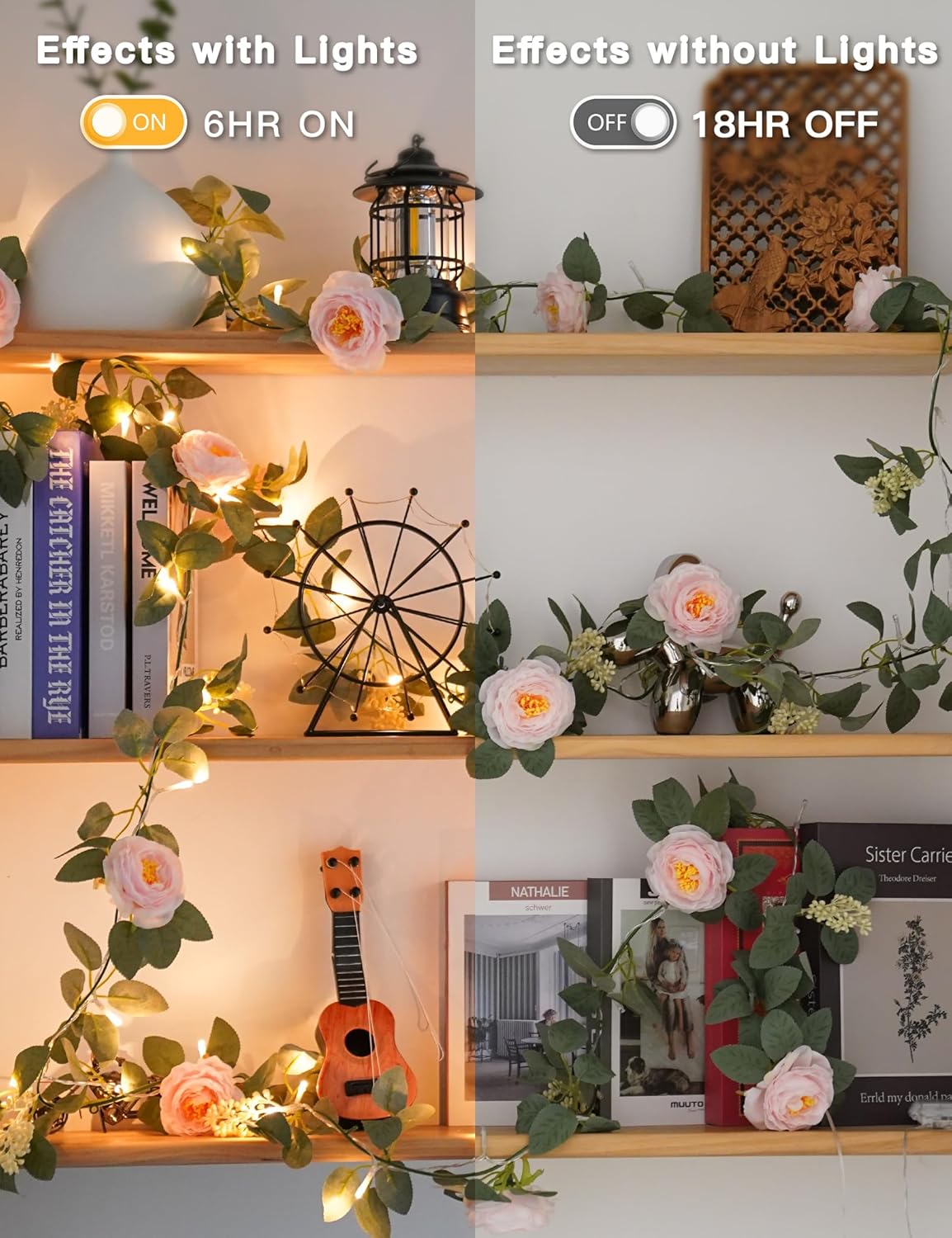 Suddus Flower Garland - Pink Camellia Fairy Lights | 60 LED Battery-Operated Vines with Remote for Indoor Decor