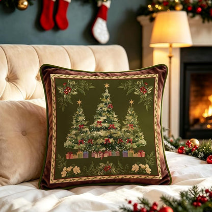 Green Christmas Tree Pillow Cover 20x20 — Velvet Throw Pillow Case, Hidden Zipper, 100% Plush Polyester, Floral Variation