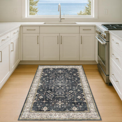 Skiennix Black Boho Washable Entry Rug - Non-Slip Rubber Backing | Stain & Fade Resistant, 3x4 ft