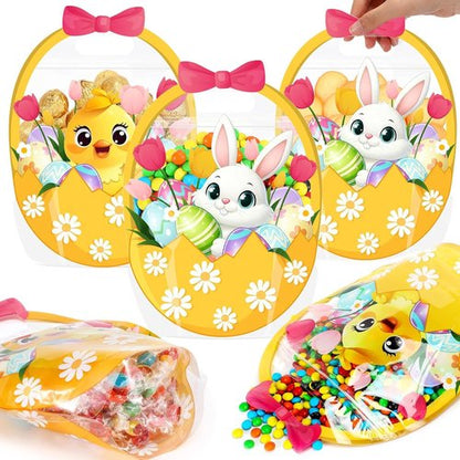 Fuutreo 50 Pcs Easter Gift Bags Transparent Bunny Sealing Pouches with Handles Resealable Happy Easter Plastic Favor Bags for Spring Holiday Party Candy Gift Wrapping Supplies Decor(Chick)