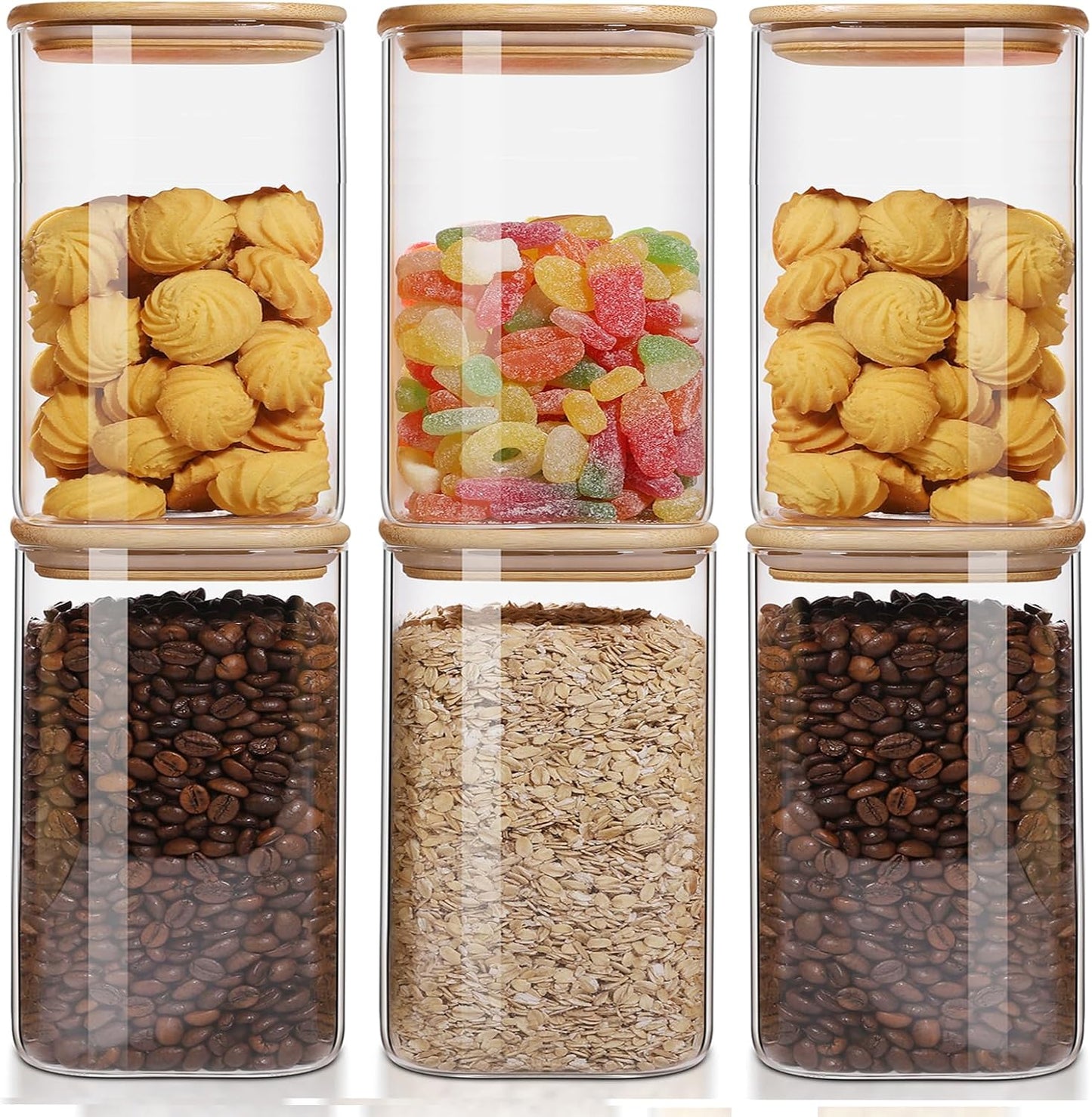 Skiennix 50oz Glass Food Storage Jars - Set of 6 Airtight Containers with Bamboo Lids | Clear Square Design