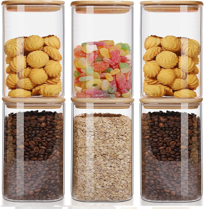 Skiennix 50oz Glass Food Storage Jars - Set of 6 Airtight Containers with Bamboo Lids | Clear Square Design